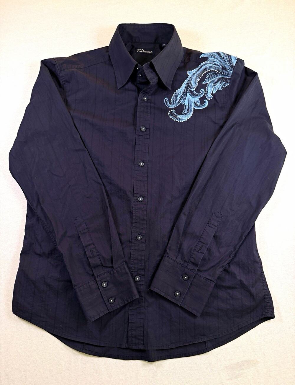 Vtg 7 Diamonds Button Down Shirt Mens Black Blue Embroidered Back Y2K Cyber Goth